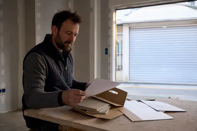 Particulier classant ses preuves d’achat devant un chantier interrompu.