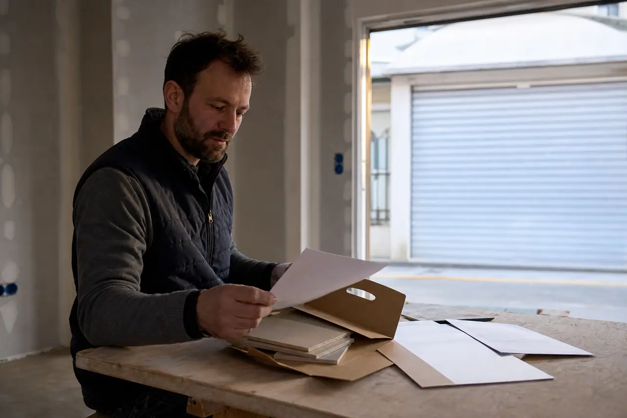Particulier classant ses preuves d’achat devant un chantier interrompu.