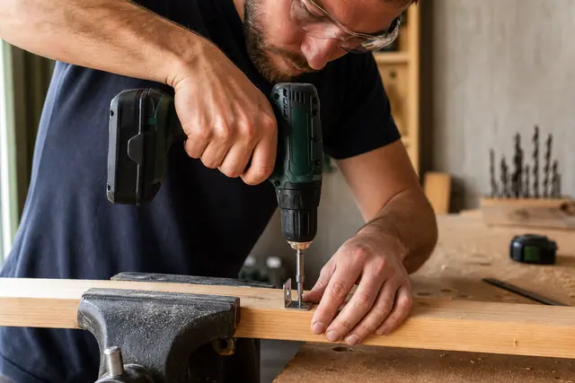 Bricoleur vissant une équerre sur un tasseau avec une perceuse sans fil.