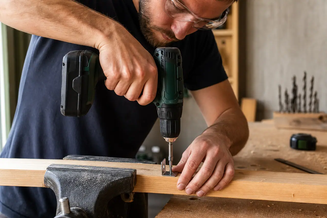 Bricoleur vissant une équerre sur un tasseau avec une perceuse sans fil.