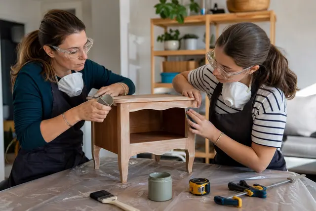 Deux générations restaurent une table de chevet en bois dans un salon lumineux.