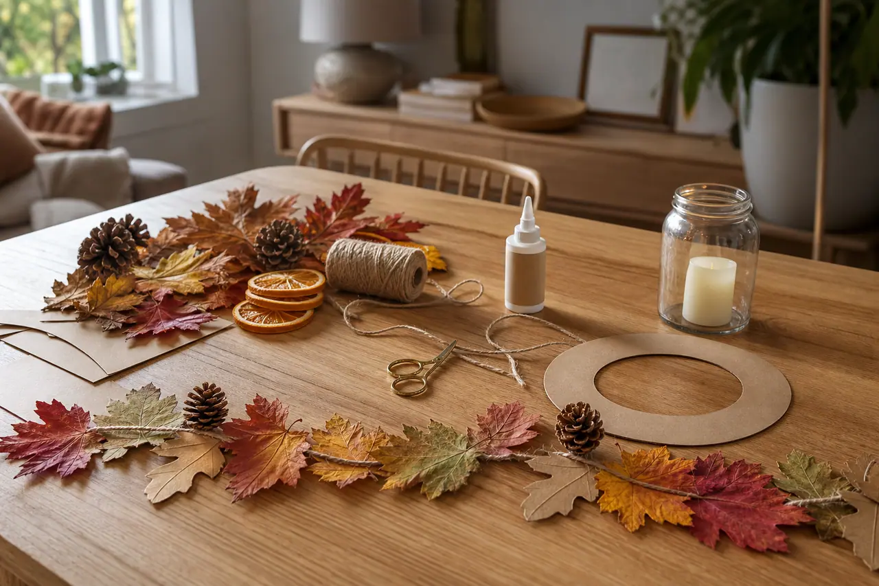 Matériel naturel et récupéré pour fabriquer une guirlande automnale sur une table.