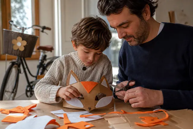 Enfant et adulte fabriquent un masque en carton près d’un vélo décoré.