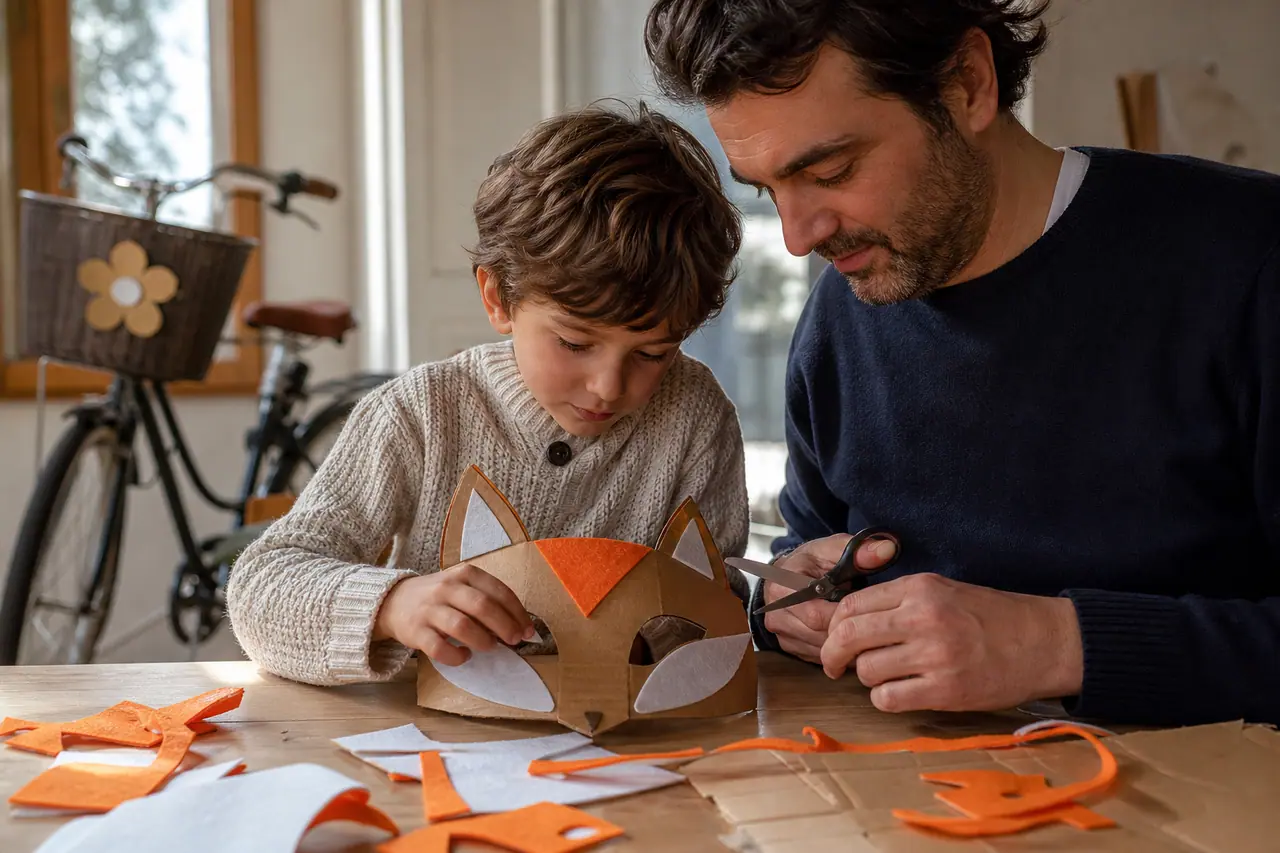 Enfant et adulte fabriquent un masque en carton près d’un vélo décoré.