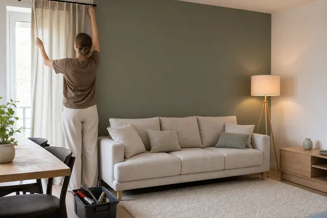 Salon lumineux relooké avec mur vert, rideaux beiges et rangement en bois.