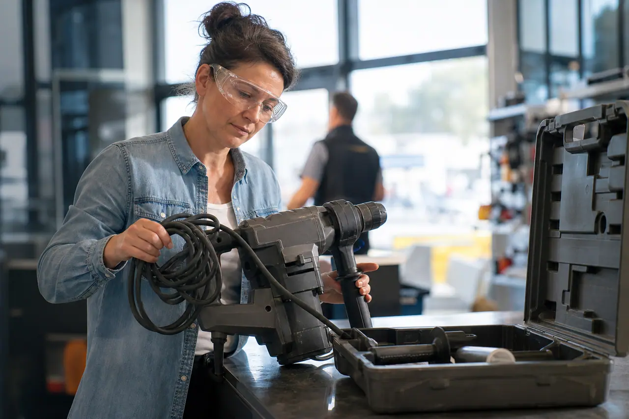 Bricoleuse contrôlant un perforateur loué avant de partir avec l’outil.