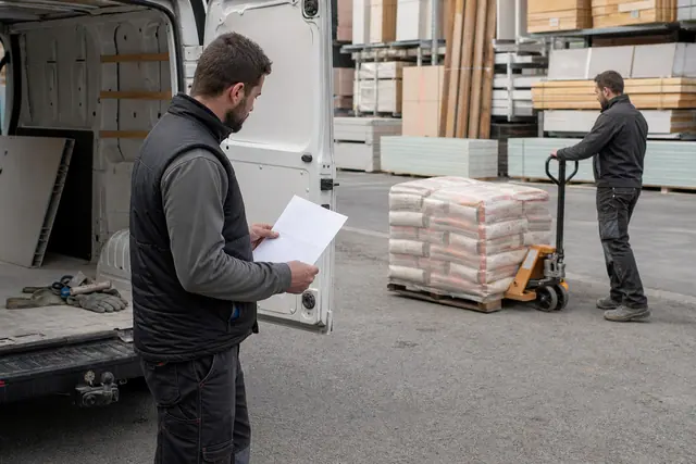 Client préparant le retrait de matériaux lourds dans une cour de dépôt.