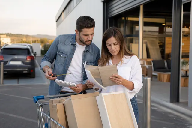 Couple comparant cotes et échantillons avant des achats pour rénover leur maison.