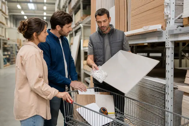 Clients comparent des matériaux et accessoires avec un conseiller en magasin de bricolage.