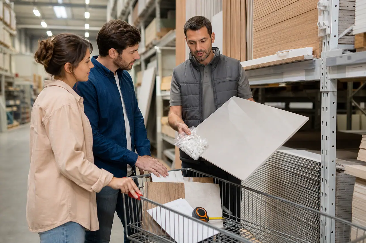 Clients comparent des matériaux et accessoires avec un conseiller en magasin de bricolage.
