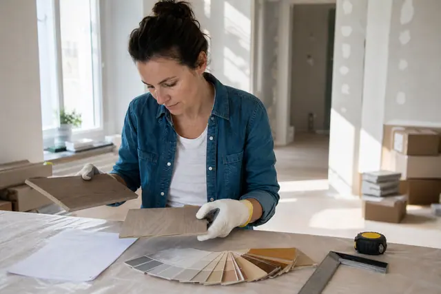 Particulier comparant des échantillons de parquet et son budget travaux