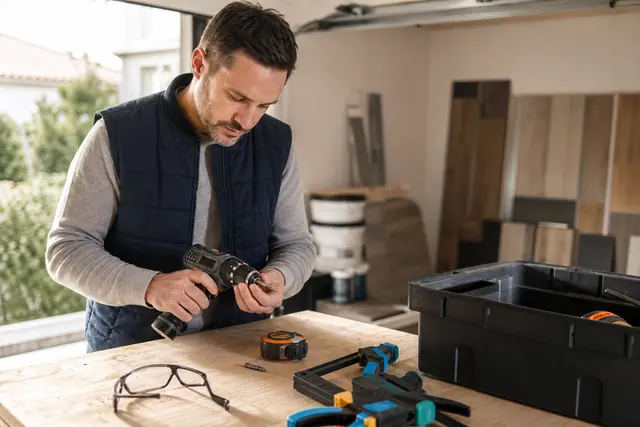 Particulier comparant la réparation d’une perceuse dans un atelier domestique rangé.