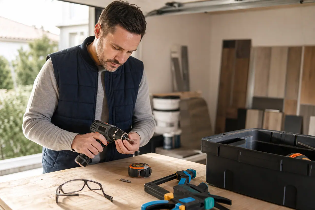 Particulier comparant la réparation d’une perceuse dans un atelier domestique rangé.