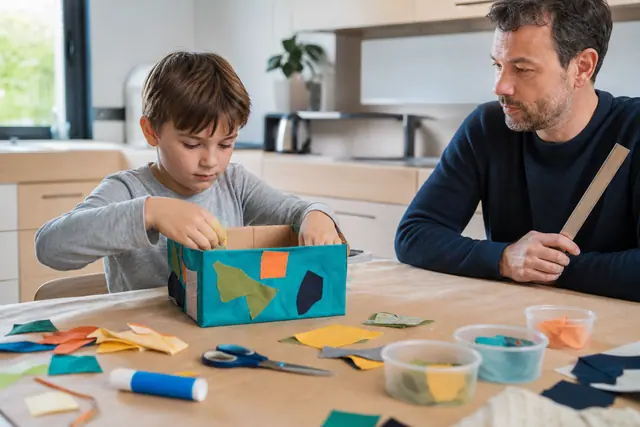 Enfant décorant une boîte de rangement en carton avec papier et tissu