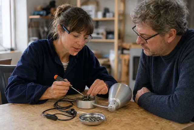 Bénévole et visiteur réparent une lampe débranchée sur un établi associatif.
