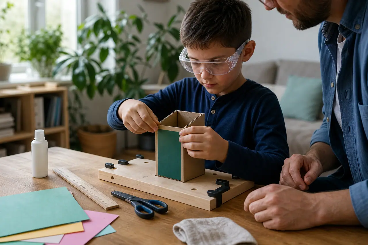 Enfant avec lunettes collant du carton sur un établi, adulte à côté.