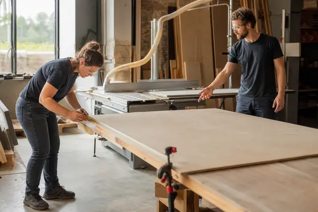 Débutante préparant une planche sur établi dans un atelier partagé lyonnais.