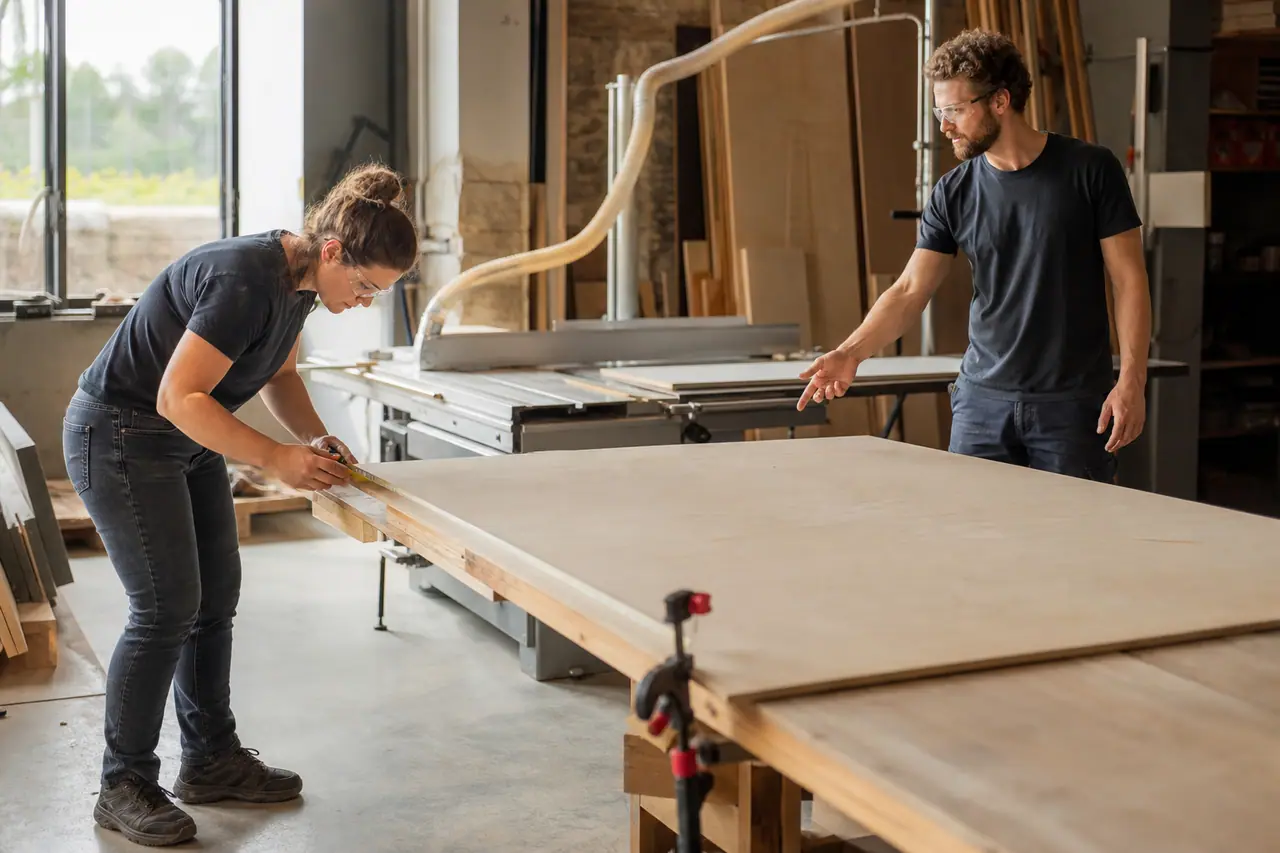 Débutante préparant une planche sur établi dans un atelier partagé lyonnais.