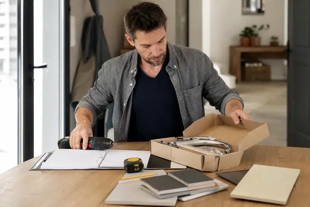 Particulier classant achats et preuves de commande pour un projet de rénovation.