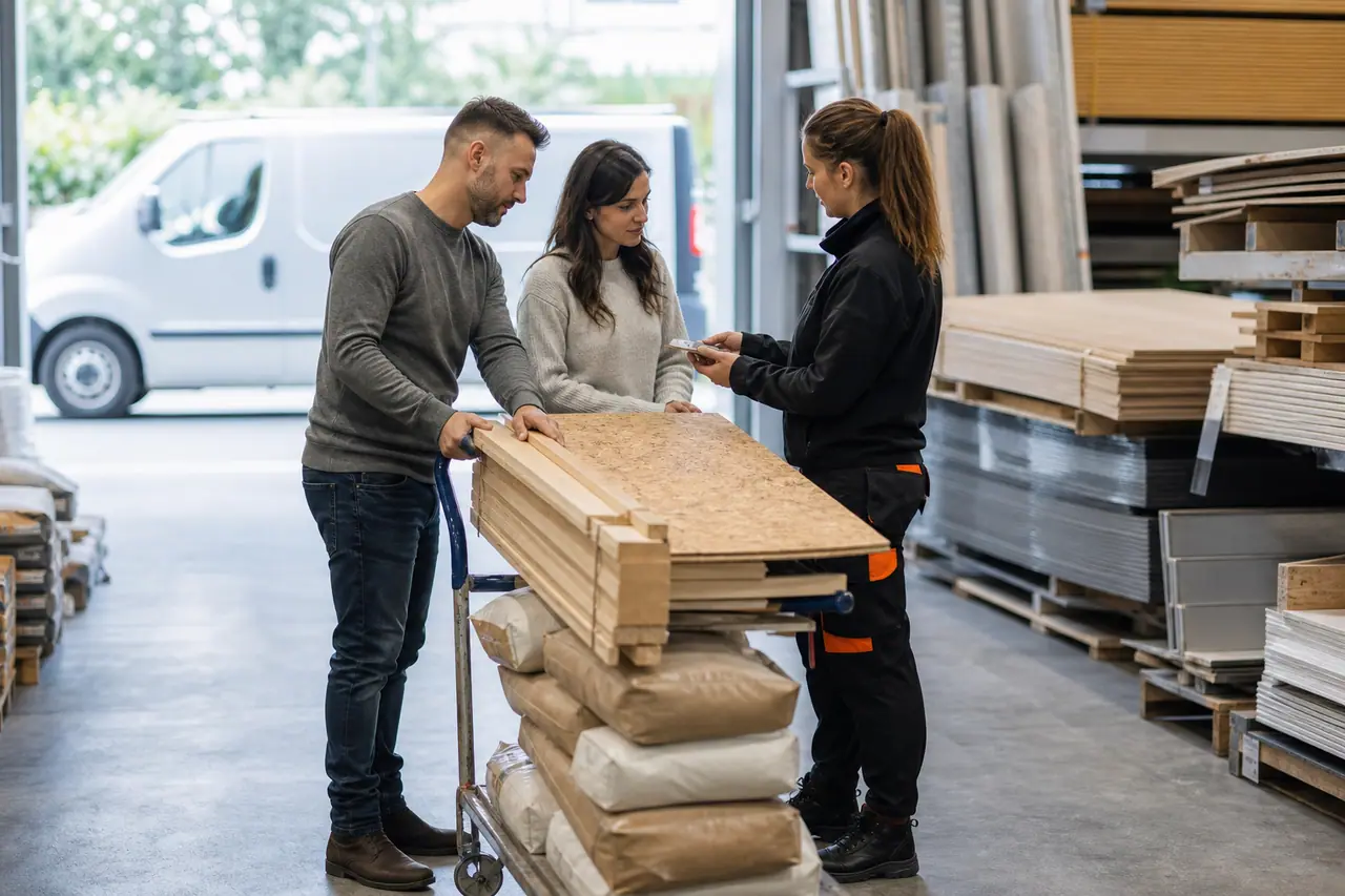 Couple préparant des matériaux dans un magasin de bricolage avec conseil vendeur.