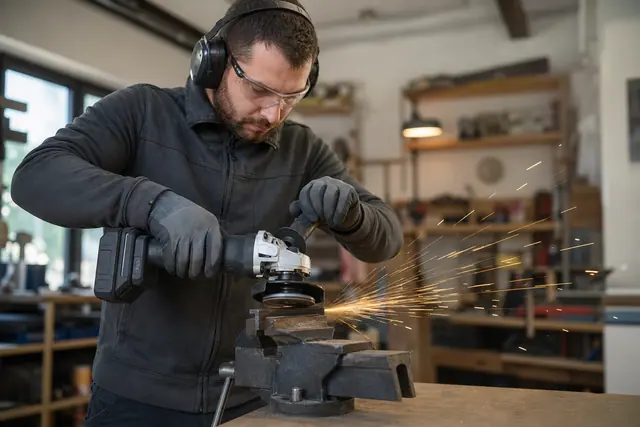 Bricoleur protégé coupant une cornière avec une meuleuse sans fil sur établi.
