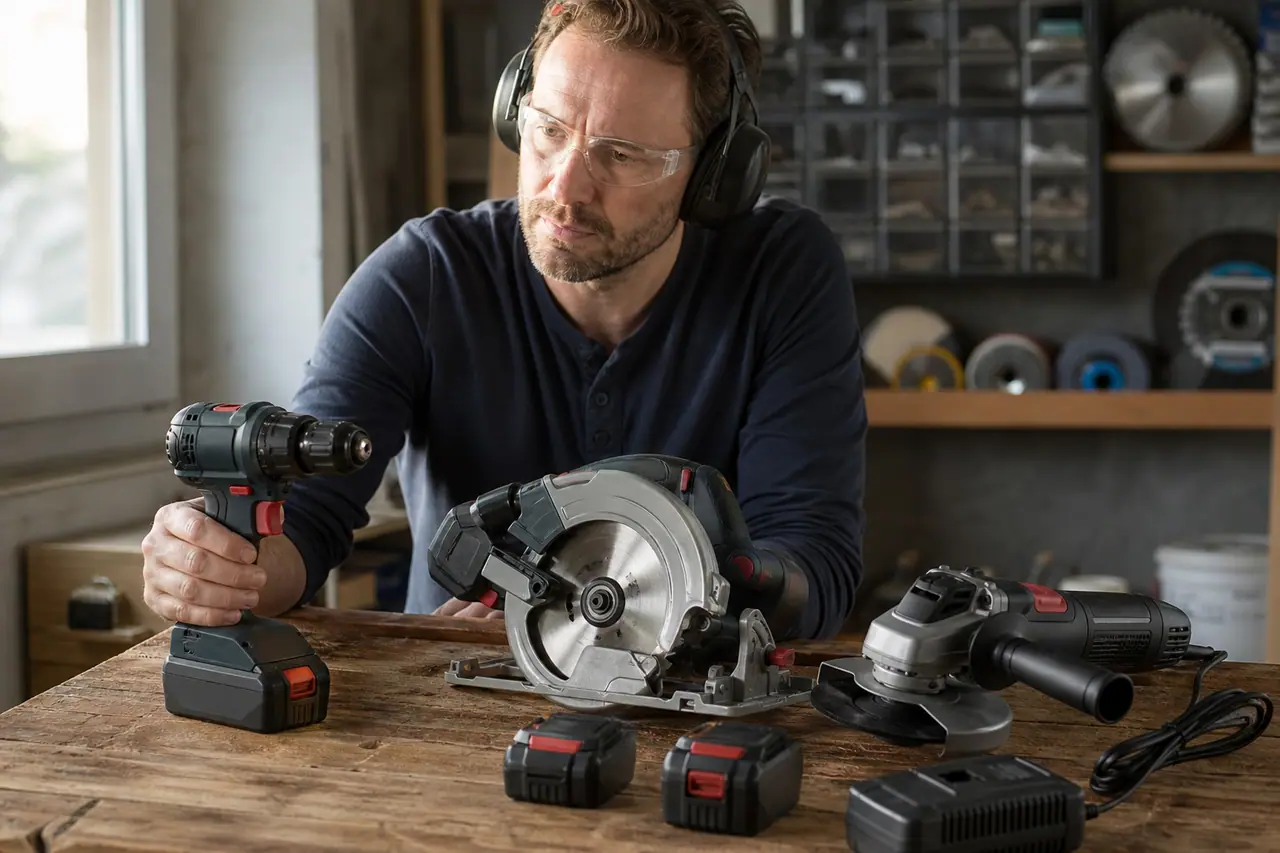 Outils sans fil et batteries alignés sur un établi d’atelier lumineux.