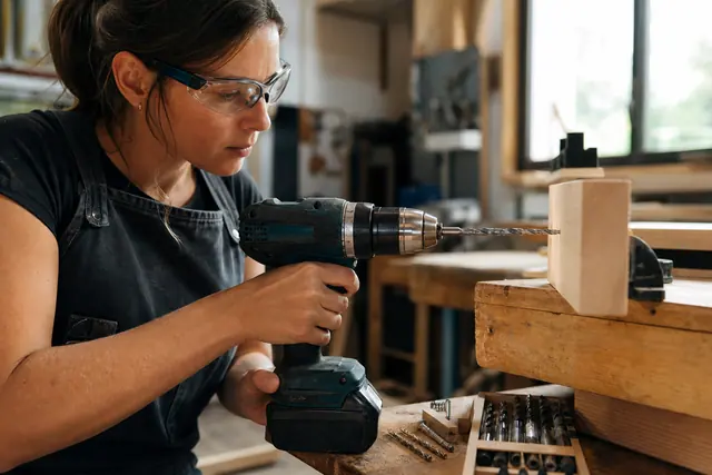 Bricoleuse équipée utilisant une perceuse-visseuse sans fil sur un tasseau en bois.