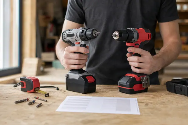 Bricoleur comparant deux perceuses sans fil sur un établi lumineux