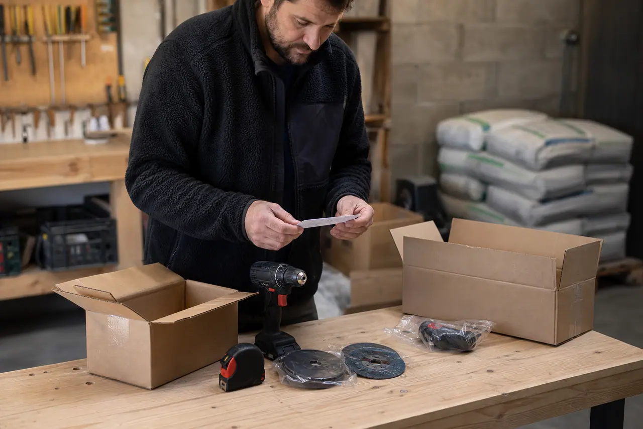 Bricoleur vérifiant des références d’outils devant des colis dans un atelier.
