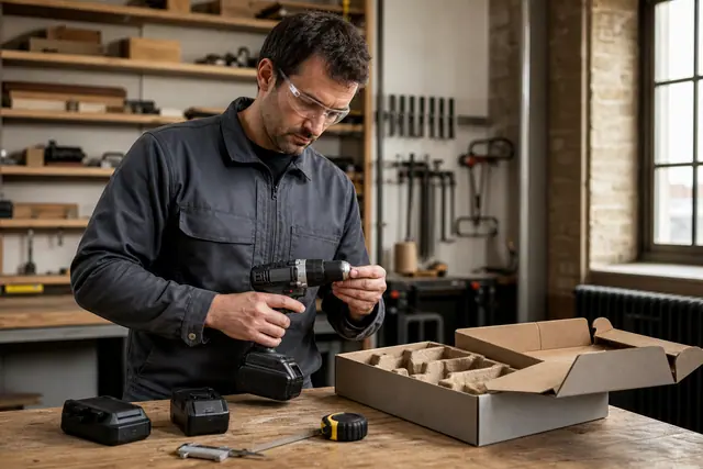Artisan vérifiant une perceuse sans fil et ses accessoires sur un établi.
