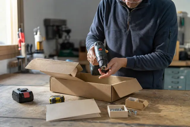 Bricoleur contrôlant une perceuse neuve et ses accessoires sur un établi.