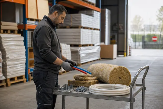 Artisan compare des matériaux et fournitures sur un chariot dans un négoce.