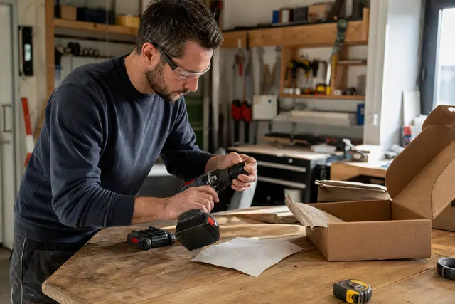 Artisan contrôlant une visseuse neuve et son bon de livraison à l’atelier.