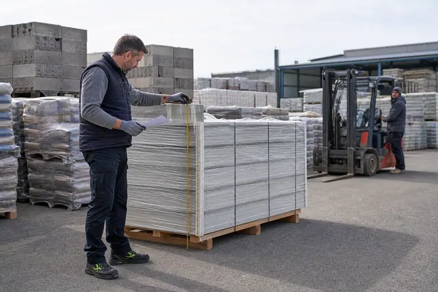 Particulier préparant une commande de matériaux sur palettes dans un dépôt.