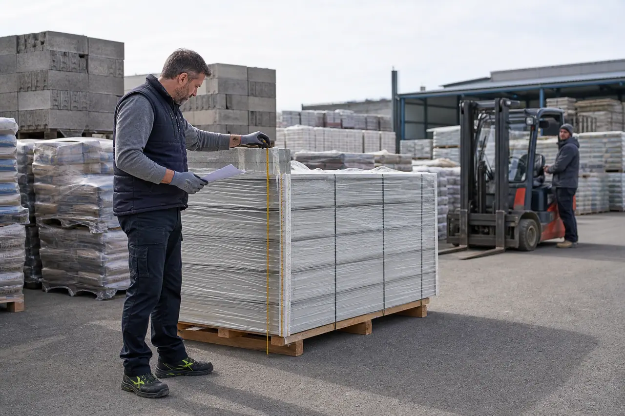 Particulier préparant une commande de matériaux sur palettes dans un dépôt.