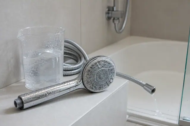 Pommeau de douche démonté posé près d’un seau gradué dans une salle de bains carrelée claire