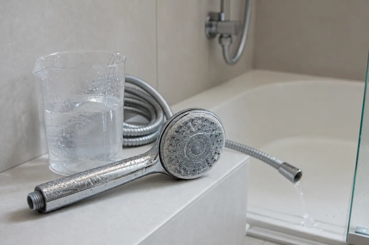 Pommeau de douche démonté posé près d’un seau gradué dans une salle de bains carrelée claire