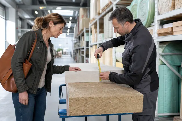 Particulier comparant des panneaux isolants avec un artisan dans un magasin.