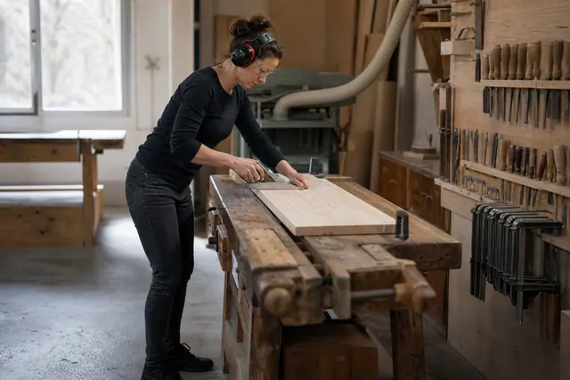 Bricoleuse équipée préparant une planche dans un atelier partagé lumineux