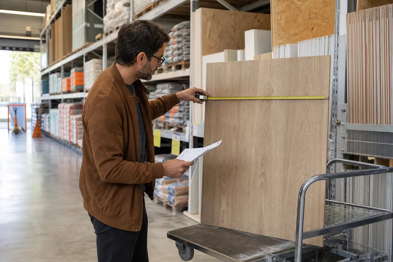 Client préparant l’achat de panneaux et de vis dans un magasin marseillais
