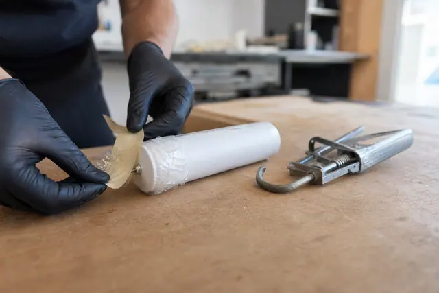 Cartouche de silicone ouverte correctement bouchée sur un établi avec pistolet extrudeur.