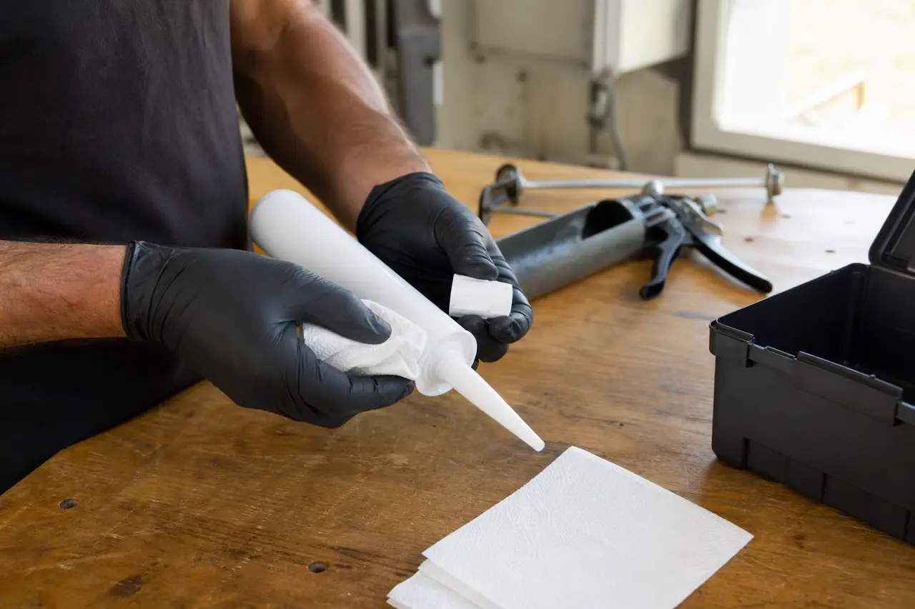 Bricoleur nettoyant et bouchant une cartouche de mastic après usage.