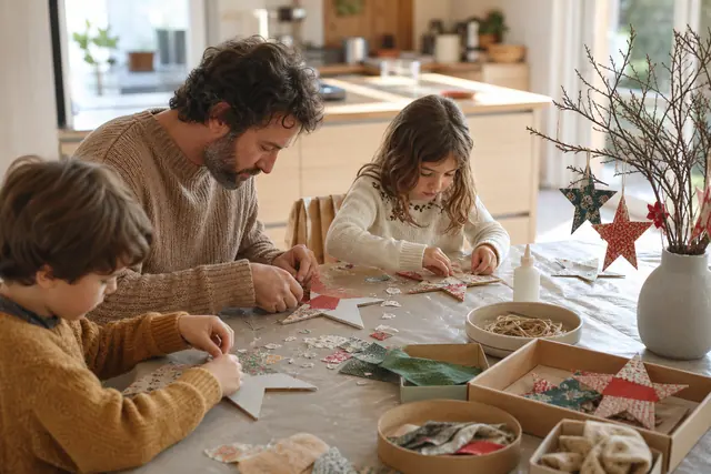 Famille fabriquant des étoiles de Noël en carton autour d’une table protégée.