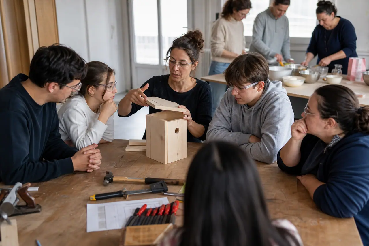 Animatrice guidant un groupe dans un atelier associatif de bricolage sécurisé.