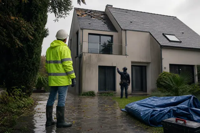Propriétaire et couvreur inspectant prudemment une maison endommagée après un cyclone.