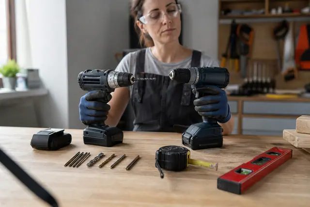 Bricoleuse comparant deux perceuses sans fil sur un établi avec accessoires.