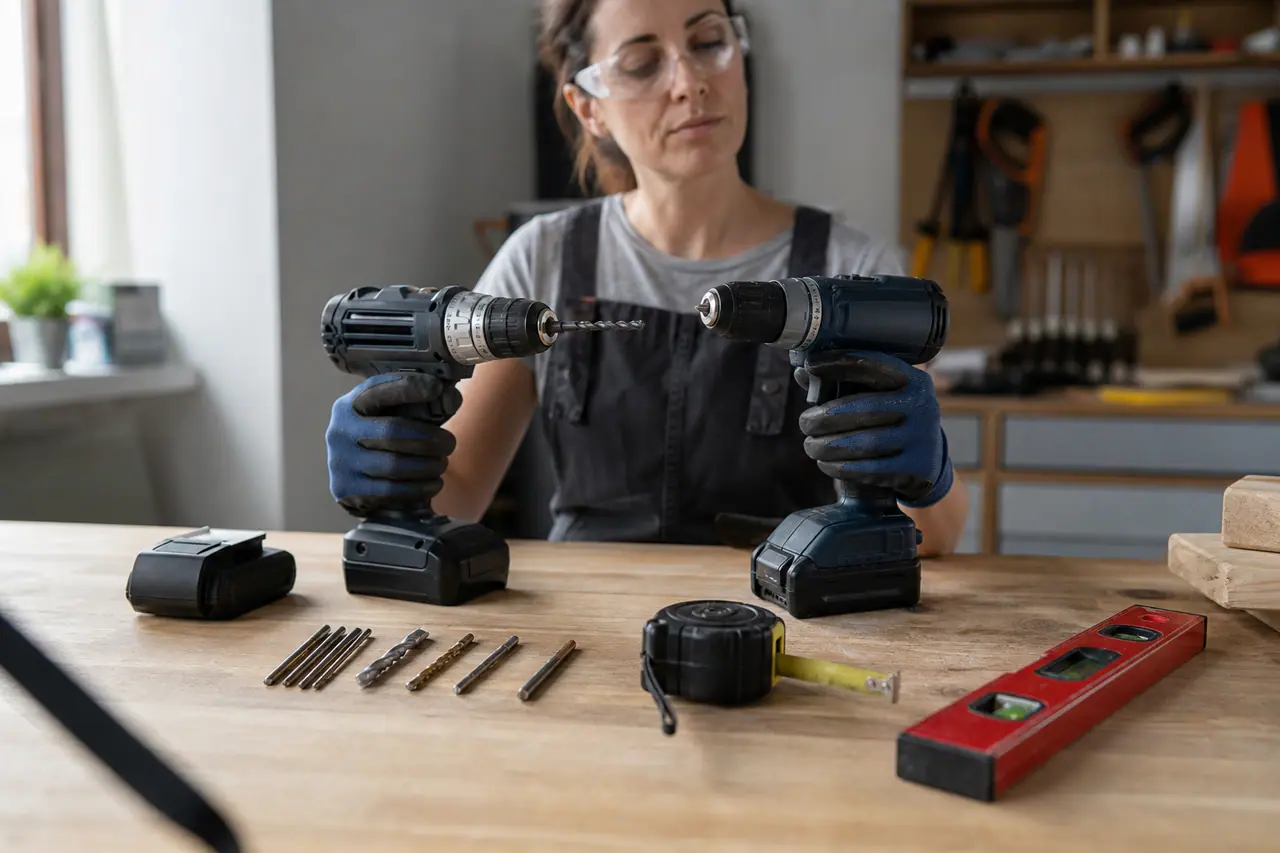 Bricoleuse comparant deux perceuses sans fil sur un établi avec accessoires.