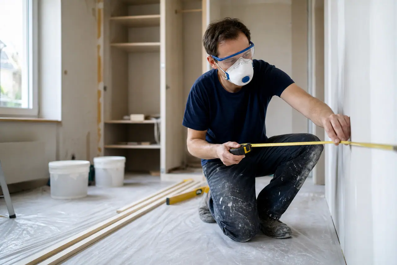 Bricoleur mesurant un mur dans un petit appartement en cours de rénovation.