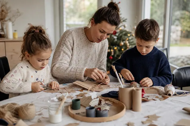 Parent et enfants fabriquant des décorations de Noël en carton autour d’une table protégée.