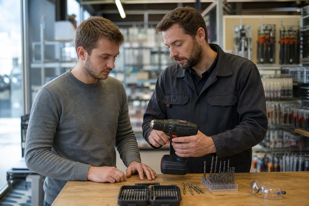 Conseiller présentant une perceuse sans fil à un bricoleur dans un magasin local